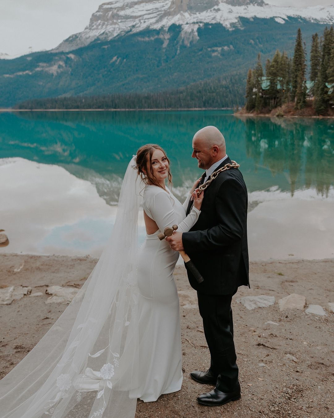 Bride Irina wearing Hannah floral embroidered veil at Emerald lake outdoor wedding