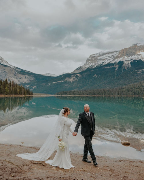 Bride Irina wearing Hannah floral embroidered veil at Emerald lake outdoor wedding