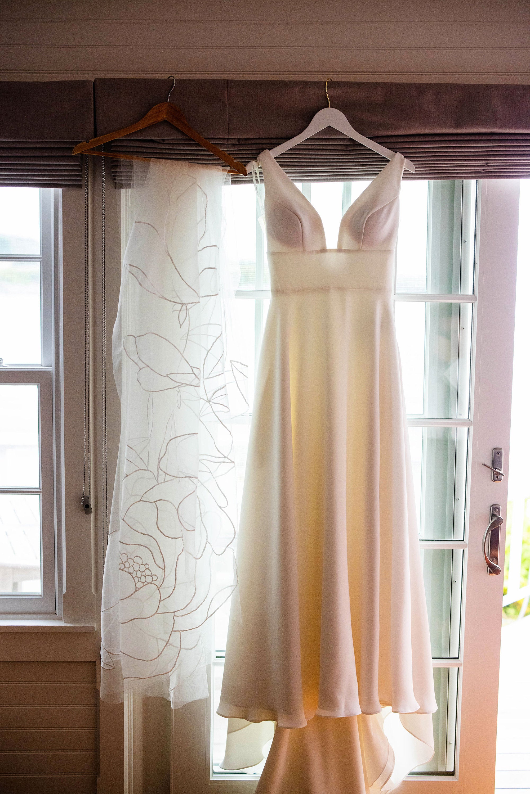 Close-up of floral embroidery on Kaitie cathedral veil